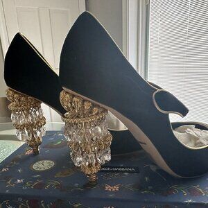 Dolce Gabbana Black Velvet Crystal Chandelier Shoes - New Box Dust Bags